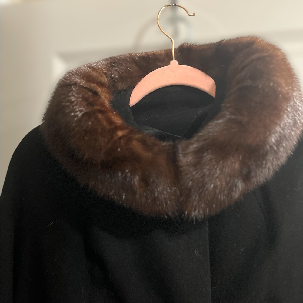 Empress Cashmere Black Coat with Brown Fur Trim and Satin lining - Picture 3 of 11